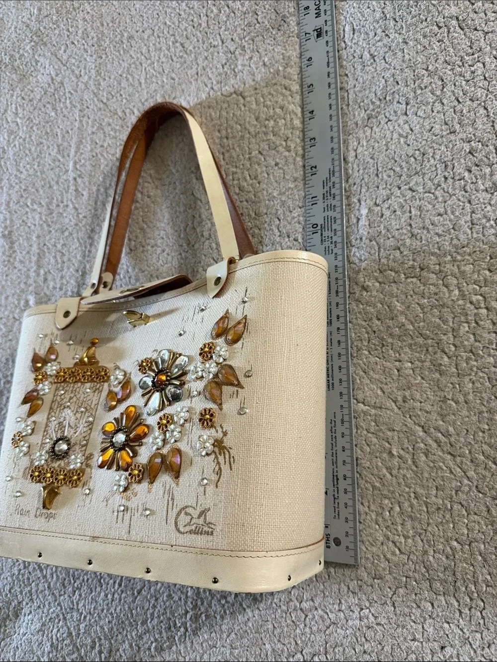 Enid Collins Of Texas Cream Embellished Rain Drops Tote with Wood Bottom Vintage